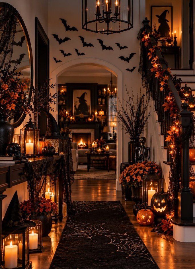Fill Your Entryway With Candles, Bats, and a Cobweb Runner