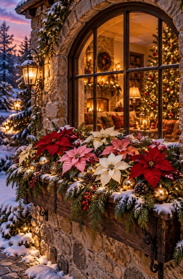 Fresh Poinsettias in Window Boxes