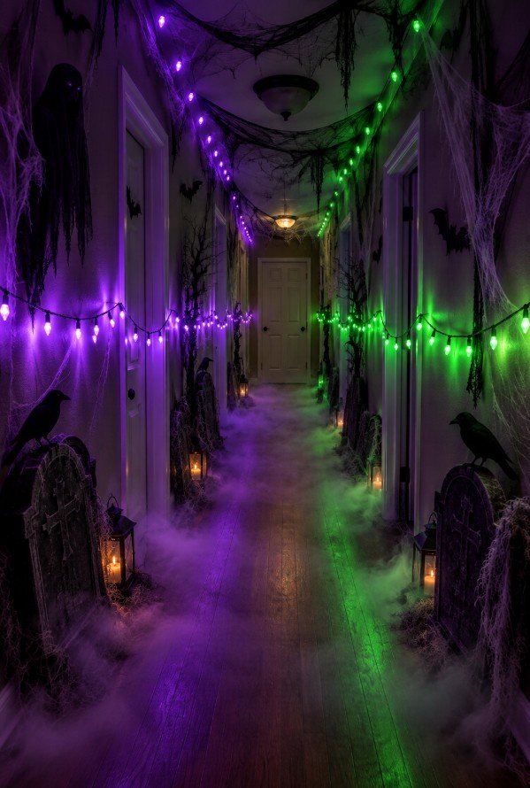 Headstone Cutouts Lining Both Hallway Sides