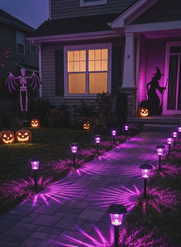 Light Your Walkway With Purple Path Lights and a Witch Silhouette