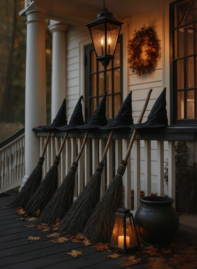 Line Up Witch Hats and Brooms Along the Porch Railing