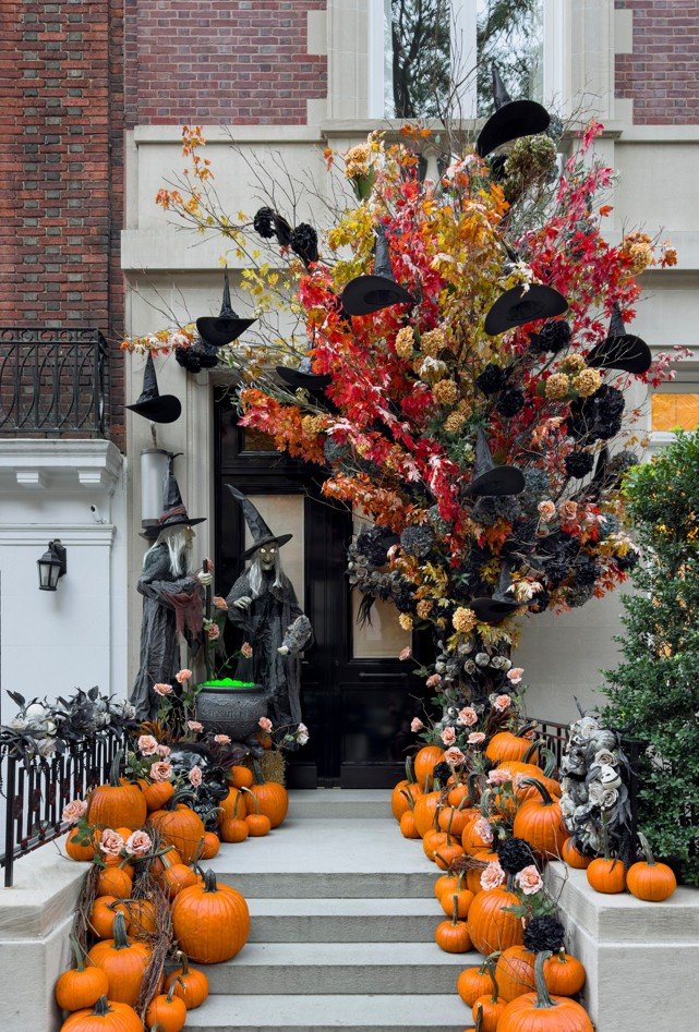Make a Dramatic Front Stoop With Flying Witch Hats and Autumn Foliage