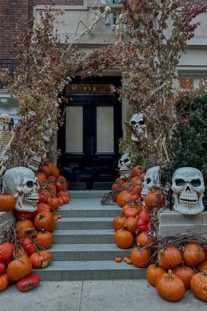 Mix Giant Skulls With Pumpkins on the Front Steps
