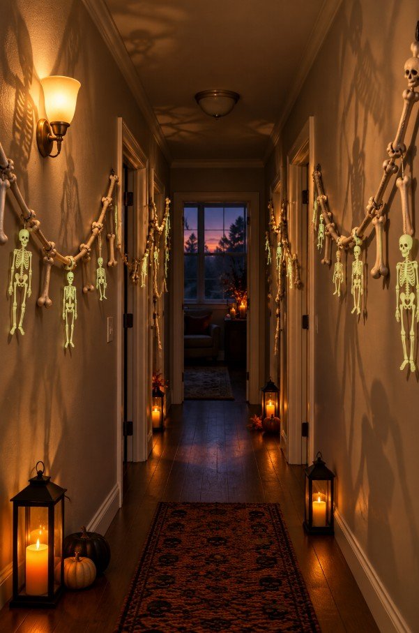 Skeleton Garland Draped Across Hallway Walls