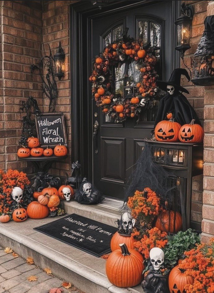Style a Front Door With a Pumpkin Wreath and a Skeleton Witch