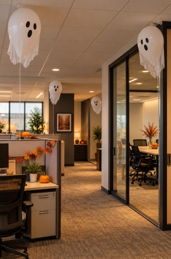 White Ghost Balloons Tethered to Corners
