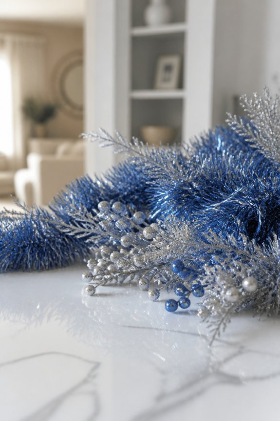 blue tinsel accent decorations