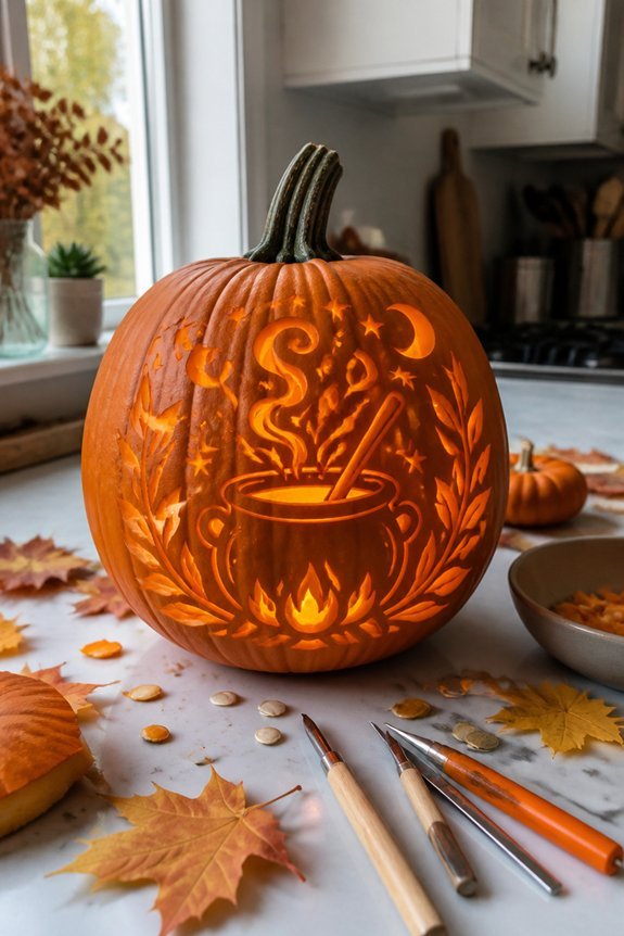 bubbling cauldron with symbols