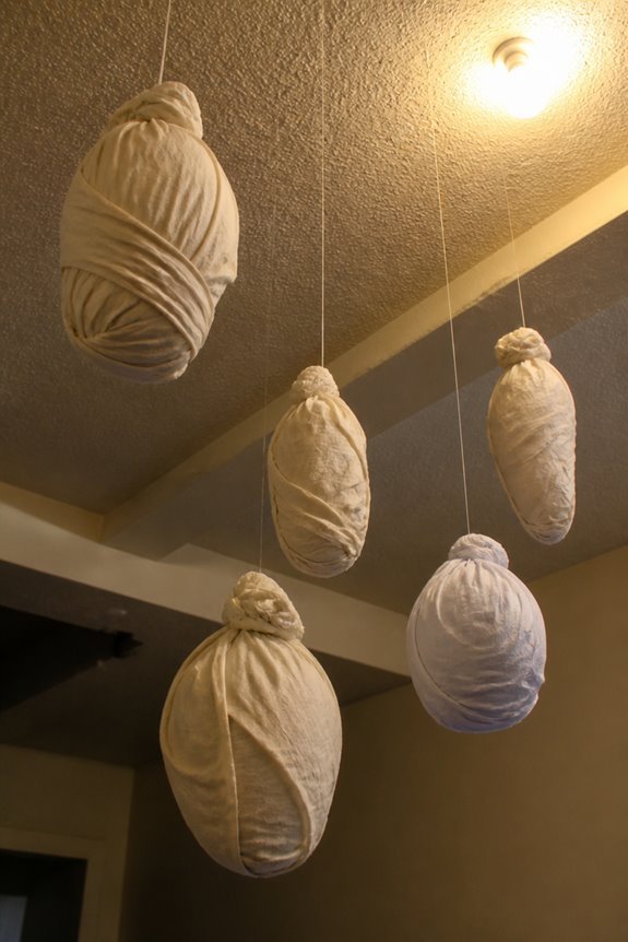 bundled hanging fabric cocoons