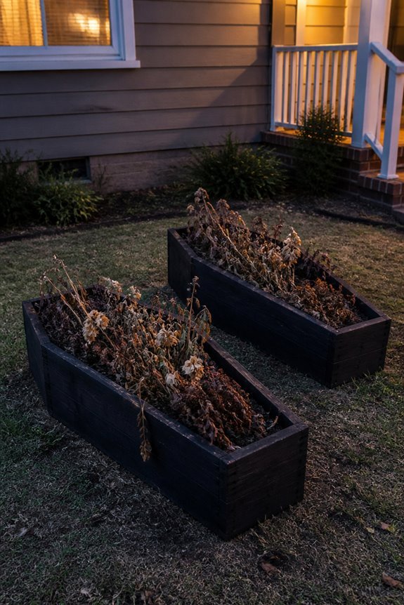 coffin planters displaying withering