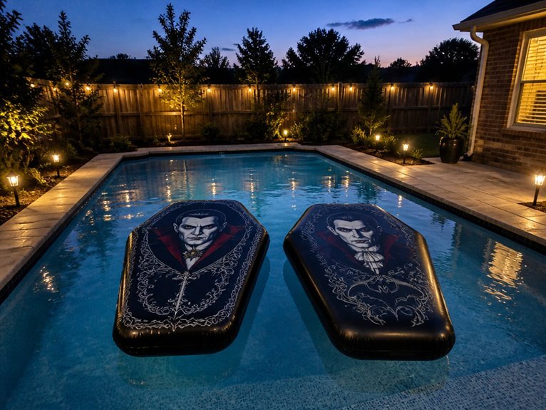 coffin themed pool loungers