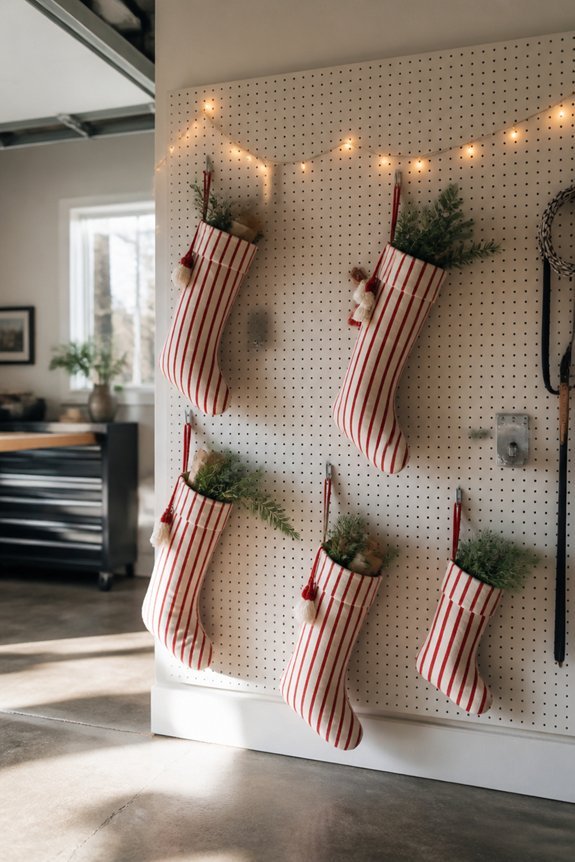 festive pegboard stocking display