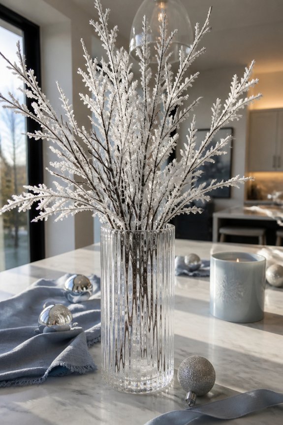 frosted branches in vases
