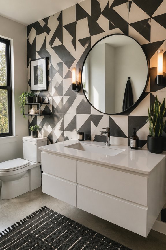 geometric wallpaper enhances bathrooms