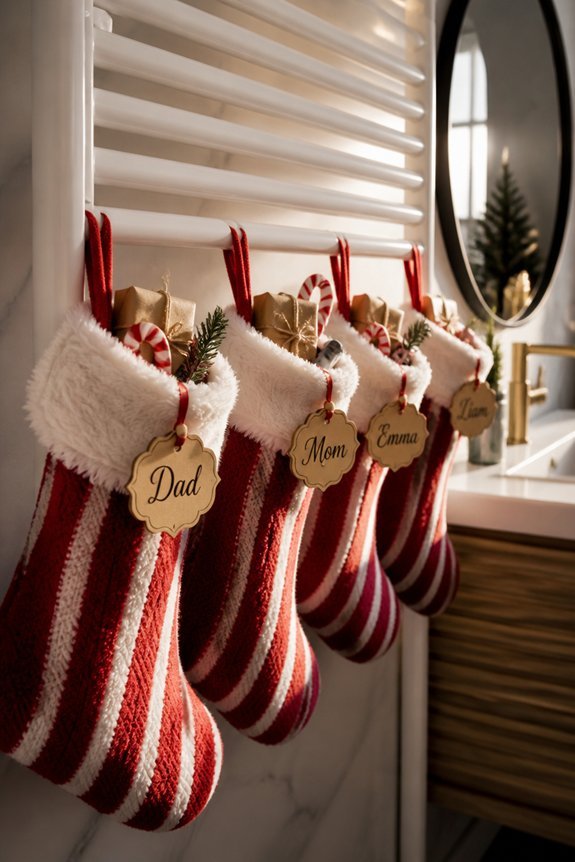 holiday stockings on towel rack