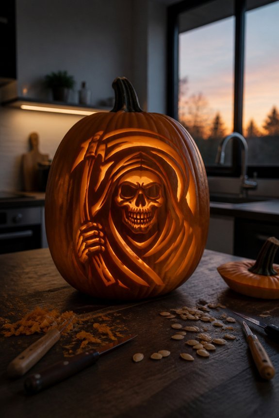 hooded skeletal figure carving