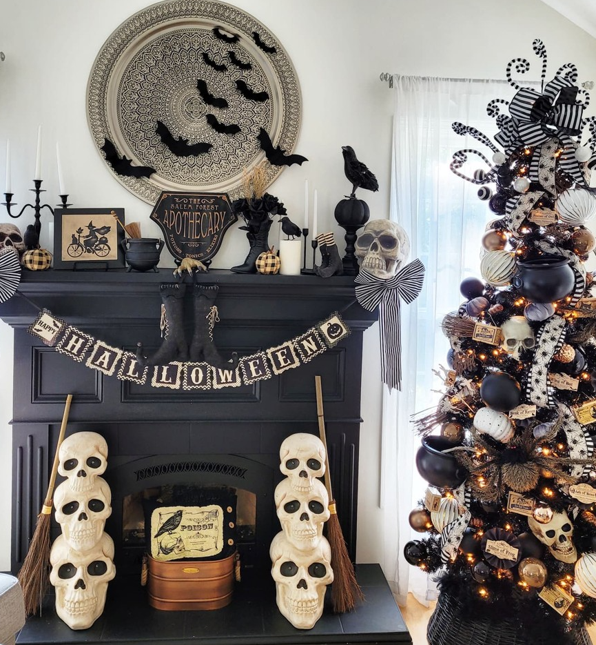 Turn Your Fireplace Into a Black and White Witch's Apothecary