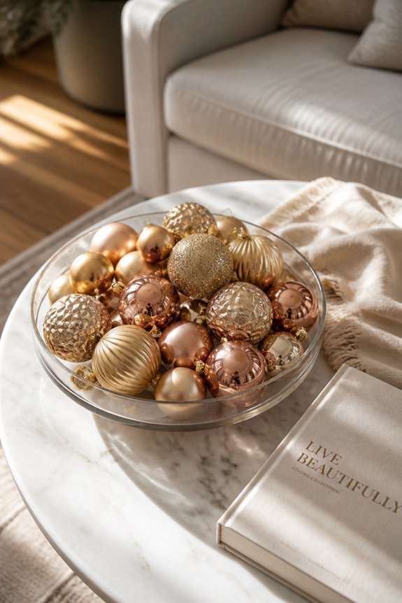 metallic ornaments in bowls