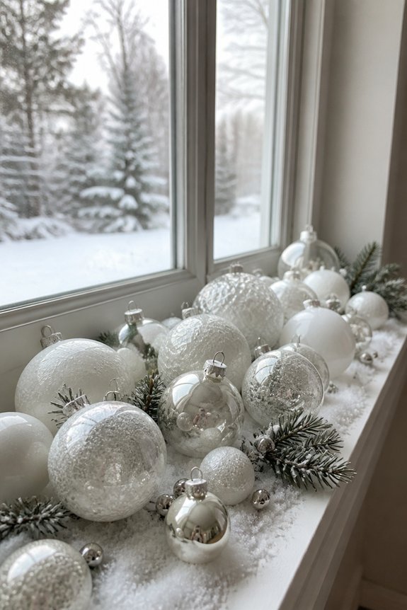 monochromatic snowball ornament display