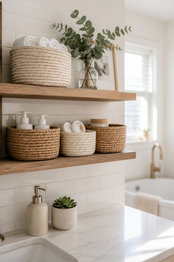 open shelving with baskets