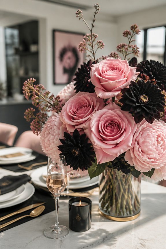 pink and black floral arrangements