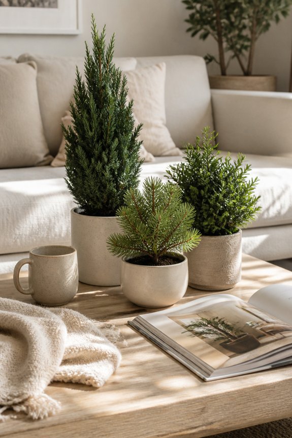 potted evergreens as centerpieces