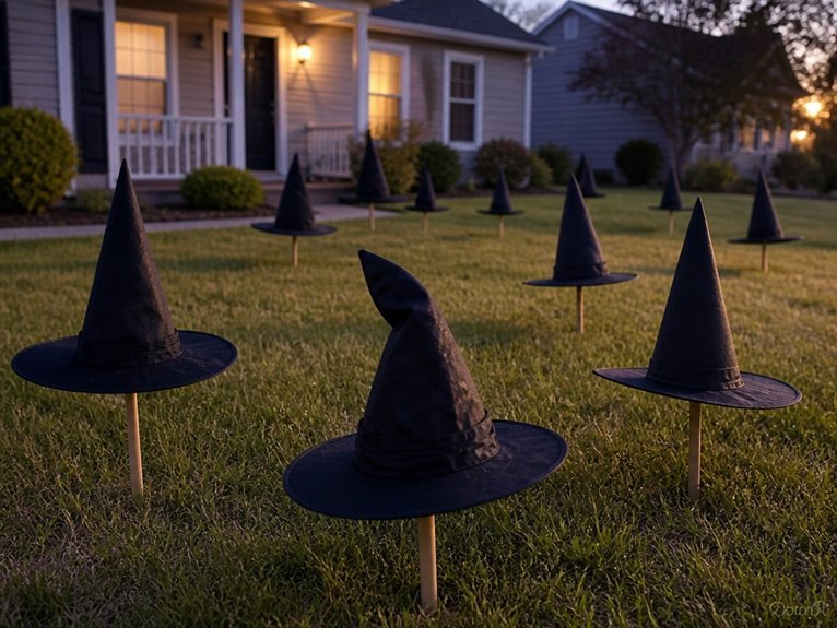 scattered halloween lawn decorations
