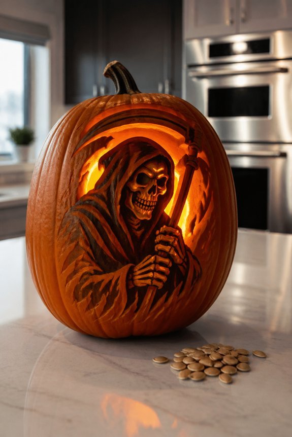 skeletal face with scythe
