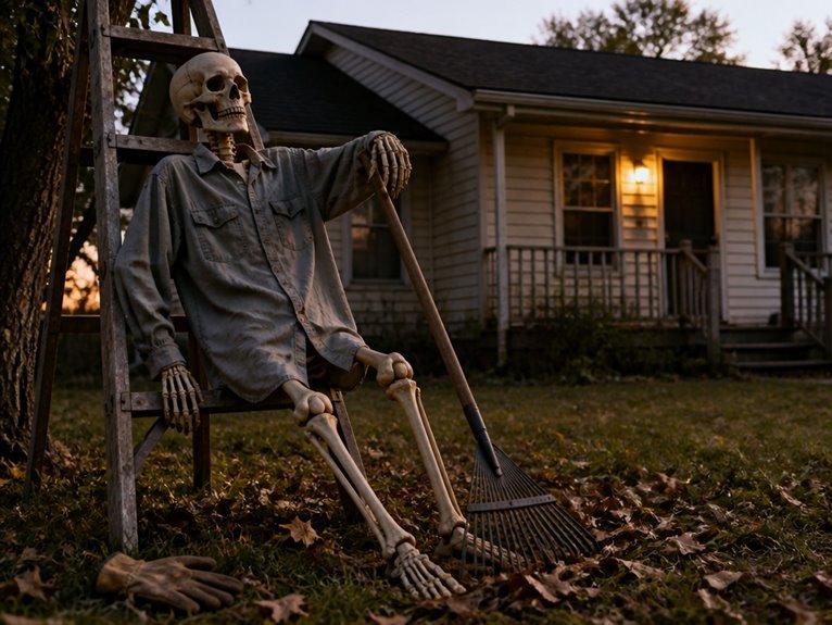 skeletons engaging in yard work