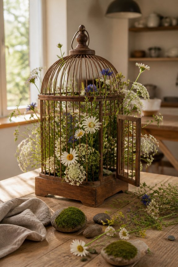 wildflower filled rustic birdcages
