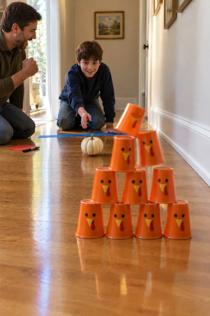 Pumpkin Bowling With Turkey Cups
